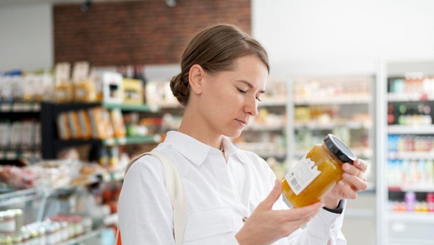 Donna che legge l’etichetta di un alimento al supermercato per conoscere ingredienti e valori nutrizionali, simbolo della crescente attenzione dei consumatori verso trasparenza e ingredienti funzionali nel food