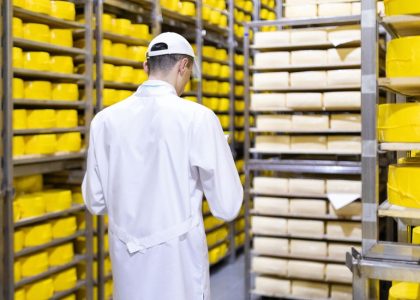 Personale che controlla la produzione di formaggio, nell'industria alimentare